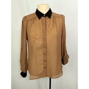 Blu Pepper Tan Black Polka Dot Button Up Blouse Roll Tab Sleeve, sz M, Beige Top